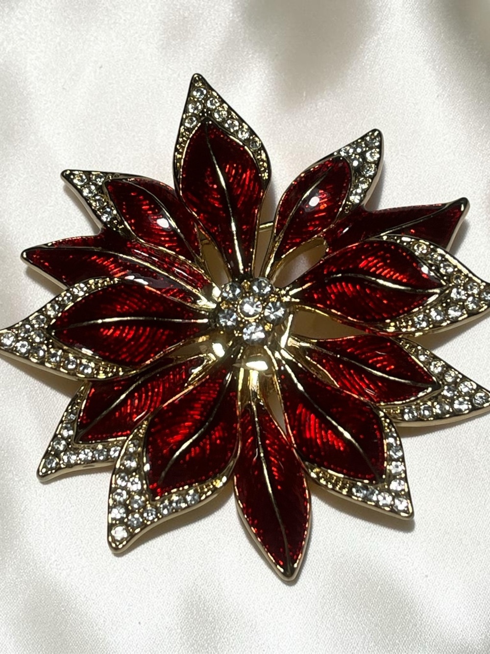 Napier Red and Gold Poinsettia Brooch with Clear Rhinestones
